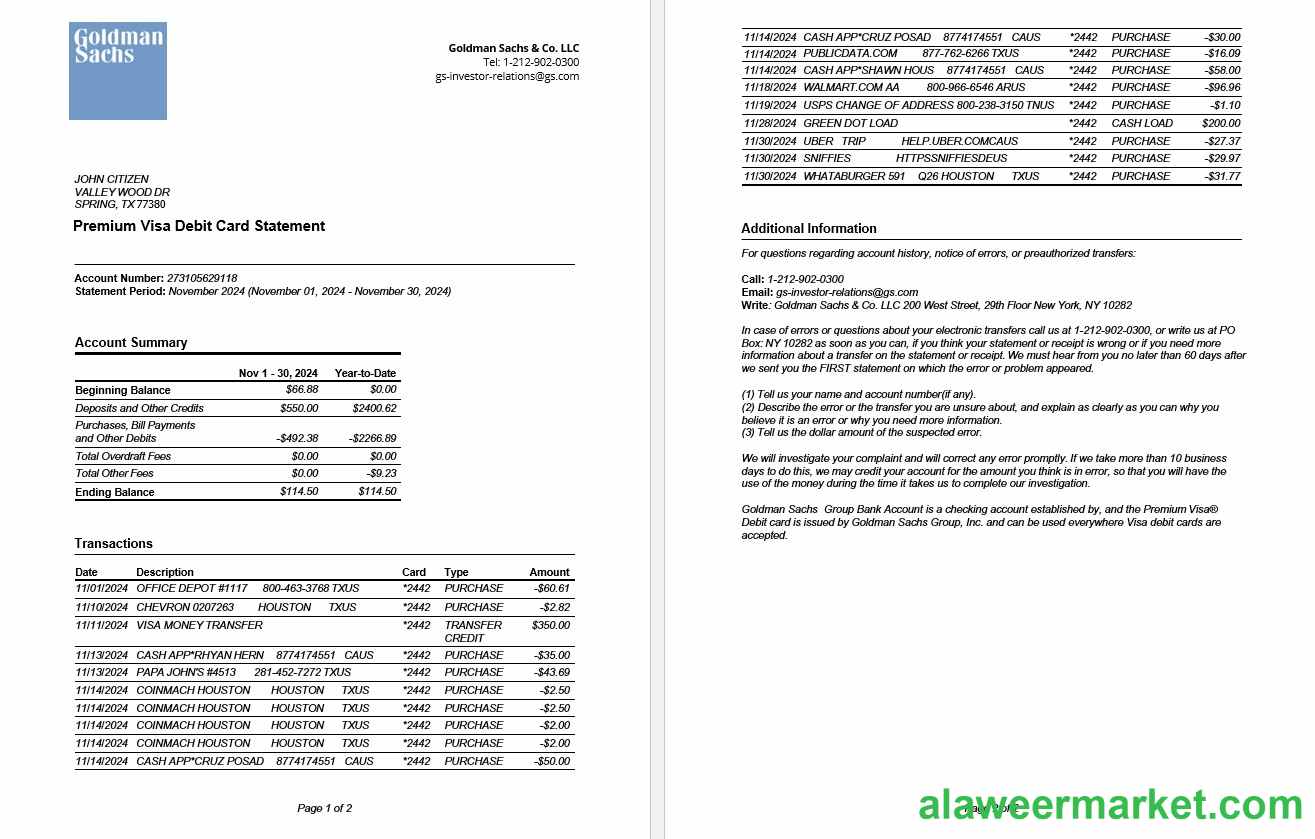 USA Goldman Sachs bank Premium Visa Debit Card statement Word and PDF template